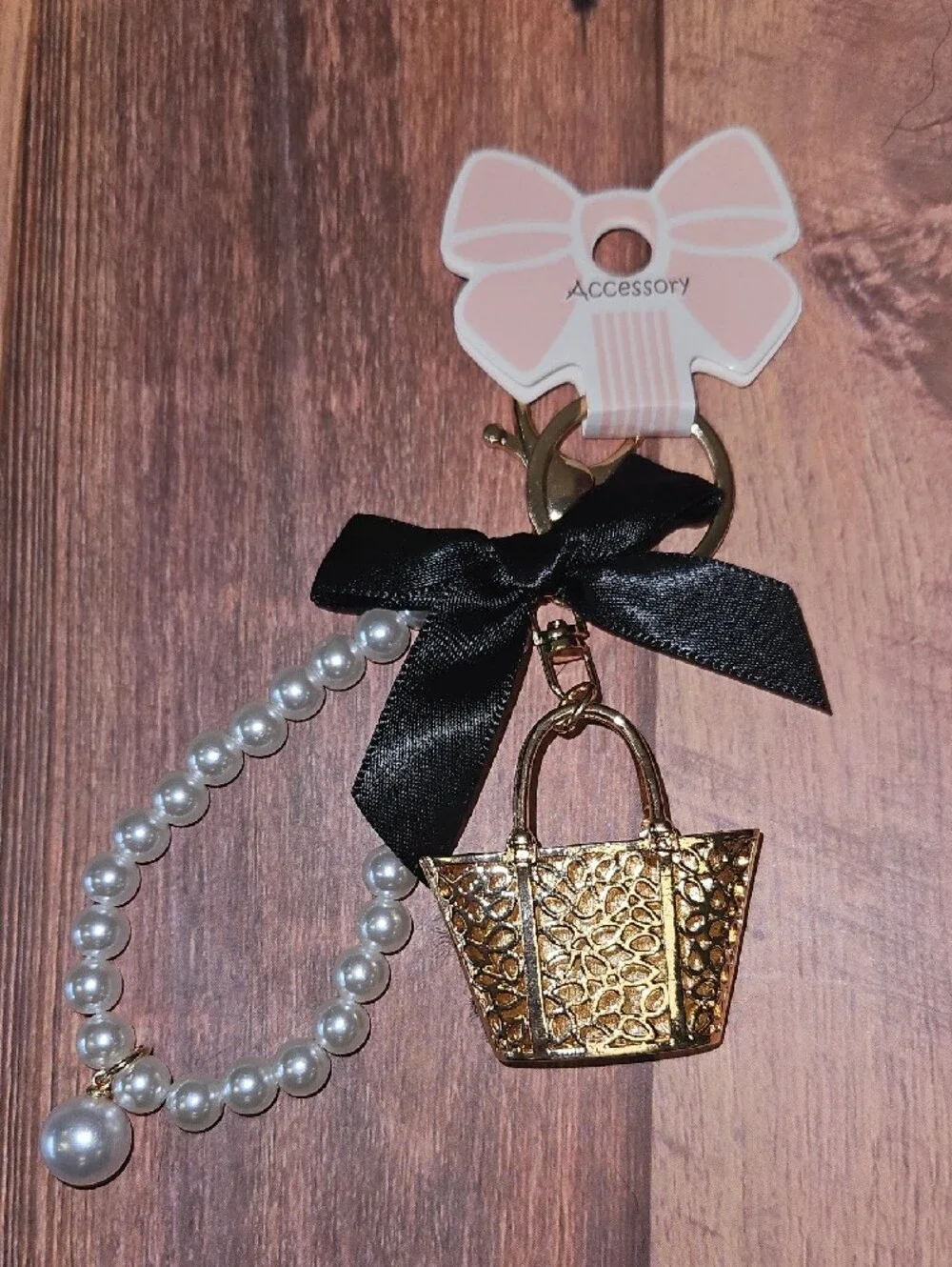Pearl-Accent Mini Purse Keychain with Black Ribbon New